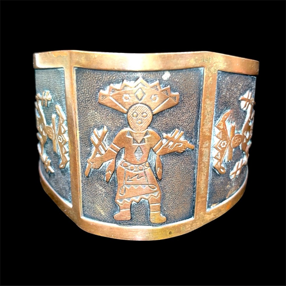 Vintage Southwestern Solid Copper 2" Wide Kachina Dancer 5 1/2” Cuff Bracelet